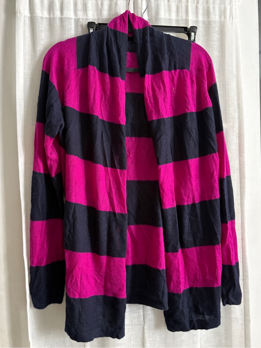 Theory Open-Front Striped Cardigan in Fuchsia and Navy
